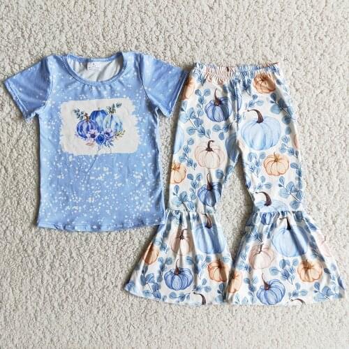 New Fashion Girls Boutique Clothing Halloween Fall Toddler Baby Girls Clothes Bell Bottom Outfits Pumpkin Design Kids Clothing