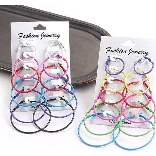 New 6pair /lot Oversize Big Circle Hoop Earring Set Silvery Women Simple Punk Brincos Round Earrings Party Jewelry Gift