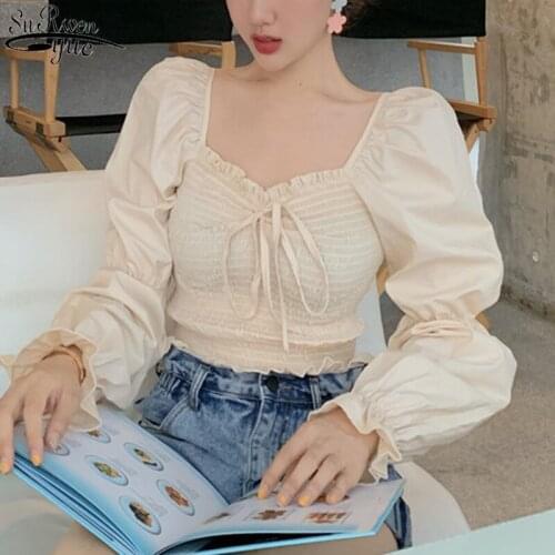 Solid Full Sleeve Slim Waist Tops Female Blusas Autumn New 2021 Women Blouses Sexy Shoulder Strapless Square Collar Shirts 10161