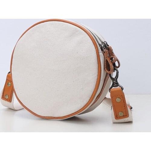 Original Cotton Canvas Circular Crossbody Bag Womens Bags Vintage Casual Cowhide Shoulder Small Round Bag Fashion Travel Purses