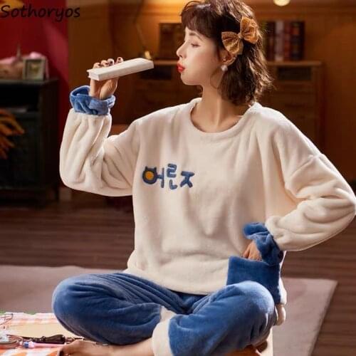 O-neck Cartoon Women Pajama Sets Embroidery Print Plus Velvet Thicker Coral Fleece Loose Fashion Homewear Outwear Korean Style