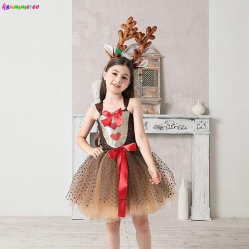 Festive Reindeer Rudolph Fancy Tutu Dress with Headband Girls Christmas Pageant Party Animal Costume Kids Xmas Reindeer Clothes