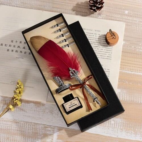 Retro Feather Pen Set Birthday New Year Gift Valentines Day Oblique Pen Ink Carving Set Feather Dipping Pen Set