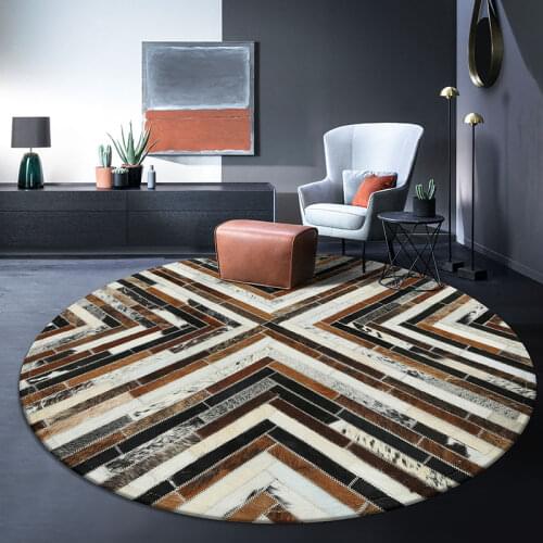 Luxury cowhide seamed round rug round shaped natrual cowskin carpet for living room bedroom decoration American style