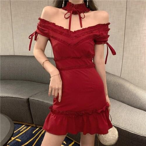 Sexy Off Shoulder Smocked Bodycon Dress Women halter neck Ruffles Mini Red Dresses Ladies Short Party Club Dress Vestidos