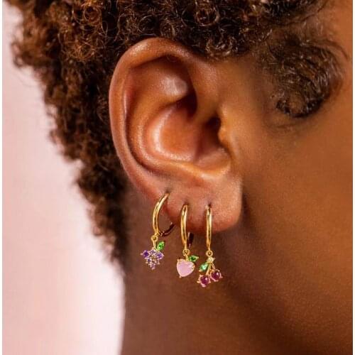 New arrived small hoop earring with colorful cz paved grape apple strawberry cherry pendant dangle earring for girl cute earring