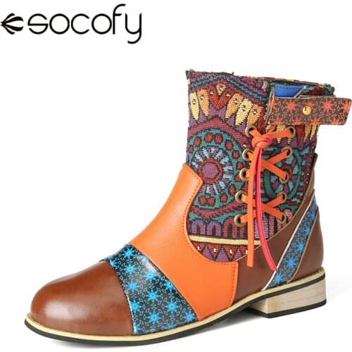 SOCOFY Womens Boots Colorful Tribal Pattern Cloth Splicing Side Zipper Block Heel Short Boots Fashion Round Toes Low Heels Shoe