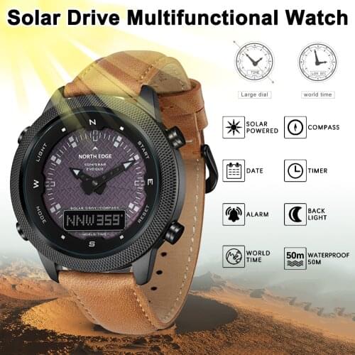 Solar Sports Watch Waterproof Multifunctional Watch with Alarm Calendar Compass Worldtime for Men