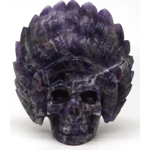 Indians Skull Figurine 4.8" Natural Gemstone Amethyst Crystal Carved Stone Statue Home Decor