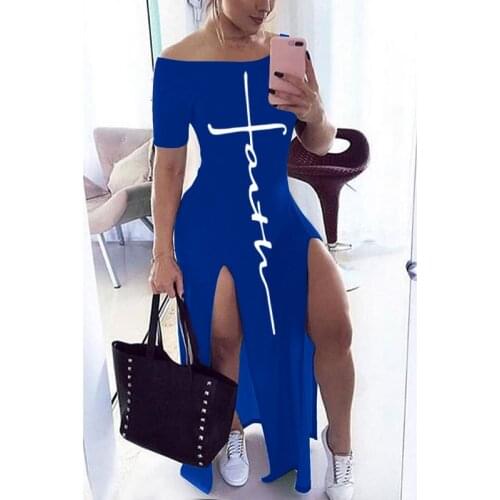 Umeko Letter Pattern Off Shoulder Split Maxi Dress Women Fall Winter 2020 New Short Sleeve Sheath Casual Sexy Club Long Dresses