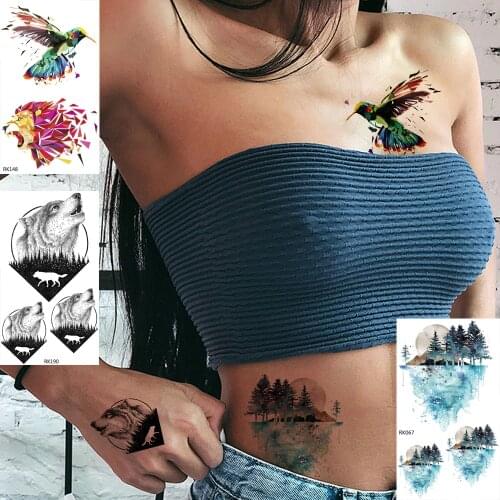 OMMGO 3D Geometric Hummingbird Lion Temporary Tattoo Sticker Women Men Fake Tattoos Howl Wolf Forest Custom Tato Body Art Arm