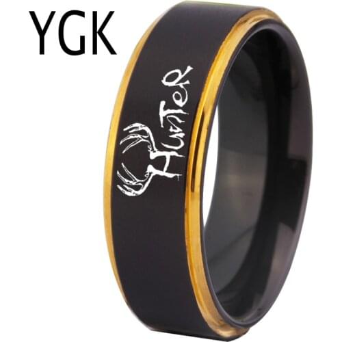 YGK Jewelry Elks Hunter Design Matte Black With Golden Step Tungsten Ring New Mens Wedding Engagement Anniversary Gift Ring