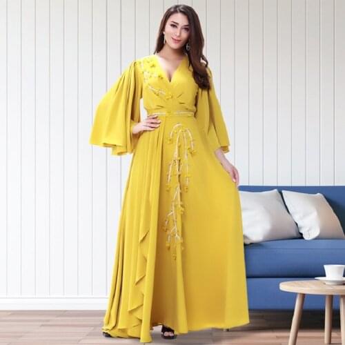 Yellow Long Dress Women V Neck Floral Ruffle Sleeve 2XL Large Floor To Length Summer Maxi Dresses Fashion Loose Vestidos