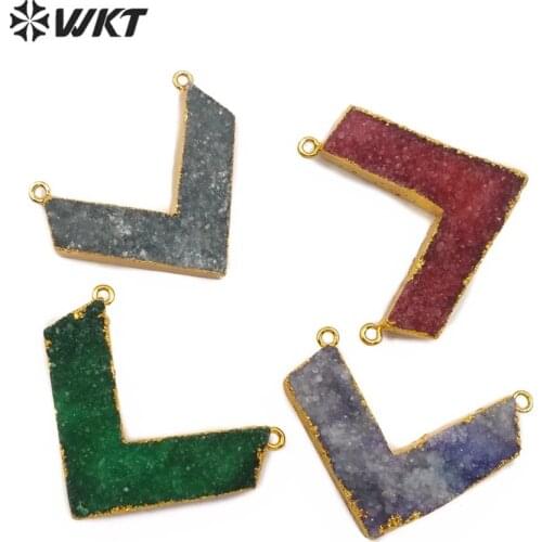 WT-P626 Letter V pendant natural druzy quartz colorful stone with double loops gold dipped high qualilty V shape pendant