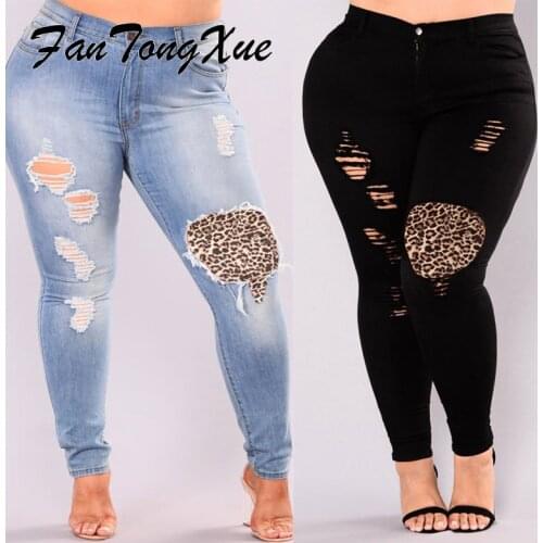 Jeans Women 2021 Hole Leopard Patch Large Size Pencil Streetwear Distressed Jeans Skinny Ankle Length Patchwork Jeans Women