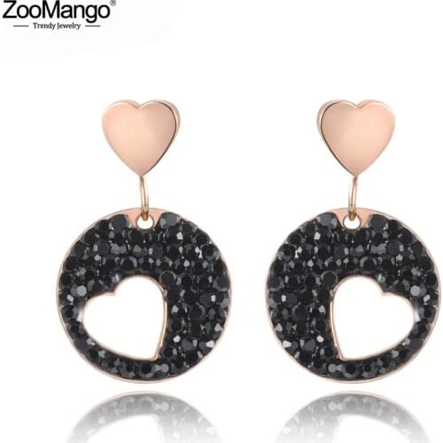ZooMango Black White CZ Crystal Heart Earrings For Women Titanium Steel Rose Gold Color Female Stud Earrings Brincos ZE18020