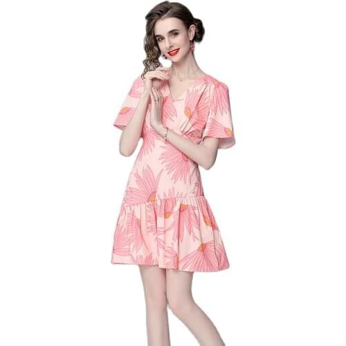 BunniesFairy 2021 Summer Korean Style Sweet Women Pink Flower Floral Print Short Sleeve Ruffles Short Mini Dress V-neck Holiday