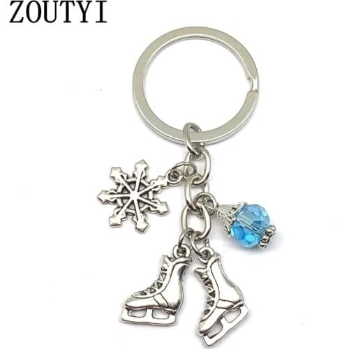 1 new antique silver skates snowflake pendant key ring skating key chain key chain jewelry winter gift