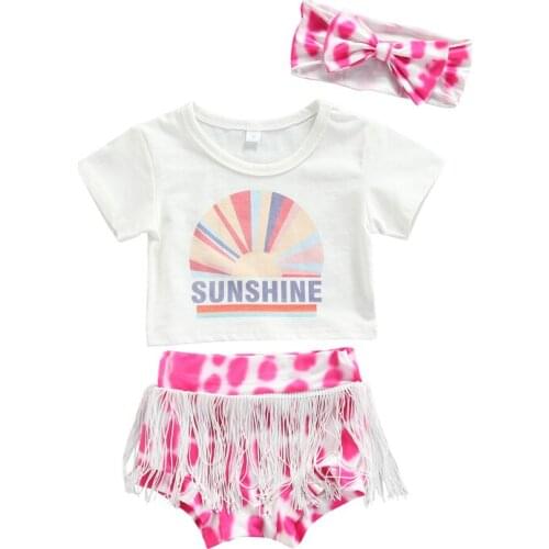 Pudcoco 3Pcs 0-24M Baby Girls Letter Print Short Sleeve T-Shirt Tops+Tie Dye Tassels Shorts Pants+Headwear Outfit Sets