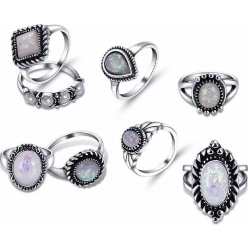 Lureme 8PCS Vintage Retro Boho Punk Opal Joint Knuckle Ring Sets Finger Rings Nail Midi Ring Set (rg001965)