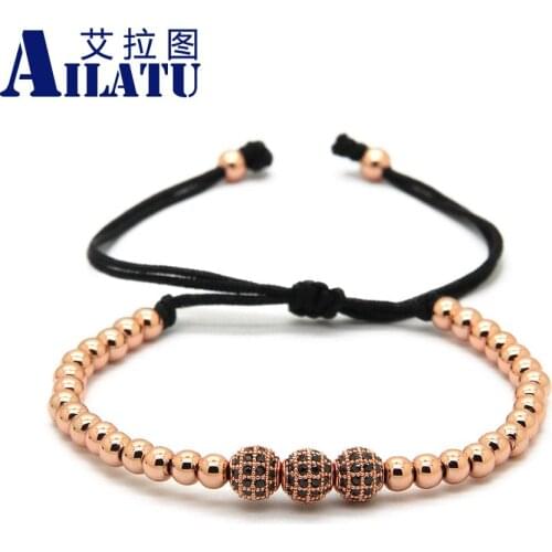 Ailatu 10 Pieces 4mm Stainless Steel Beads 3 Copper CZ Balls Braiding Bracelet For Men Women Fashion Jewelry Gift