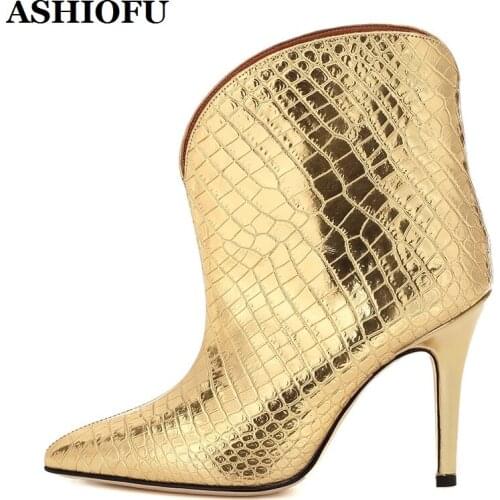 ASHIOFU New Arrival Handmade Classic Ladies High Heel Boots Shinny Gold Leather Party Ankle Boots Evening Club Fashion Boots