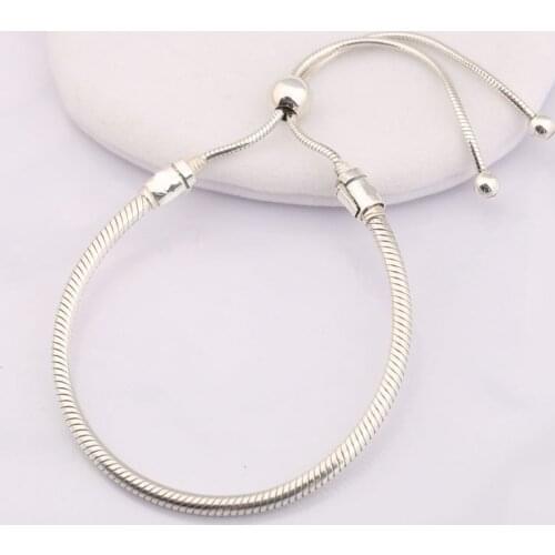 Authentic S925 Sterling Silver Bangle Sliding Bracelet Clear CZ Signature Resizable Chain fit DIY Jewelry
