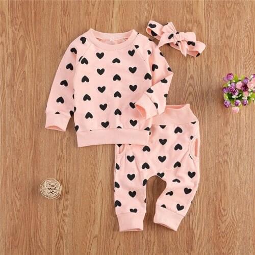Childrens Three Piece Set Heart Printing Round Neck Long Sleeve Tops+Long Pocket Pants+Headband for baby Girls