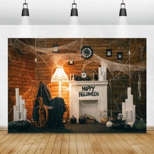 Happy Halloween White Fireplace Spider Wooden House Photo Background Friend Party Portrait Photography Backdrop Photocall Banner