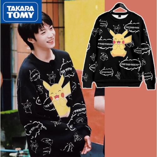 TAKARA TOMY Pokemon Mens Fashion Trend Cartoon Print Long Sleeve Top Simple Comfortable Breathable Student Sweatshirt