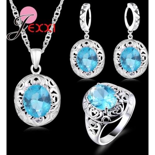 925 Sterling Silver Pendants Necklaces Earring Ring Set For Women Fashion Crystal Bridal Wedding Jewelry Sets Accessory