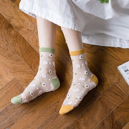 New Fashion Women Spring Summer Crystal Glass Silk Ultrathin Transparent Sweet Flower Harajuku Pure Clean Girl Street Tube Socks