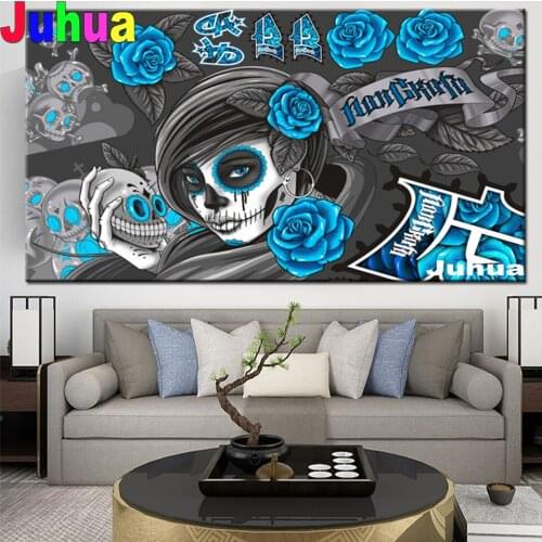 Full Square/Round Diamond Embroidery Blue Rose Skull Woman DIY 5D Diamond Painting Cross Stitch Mosaic Kits Horror Portrait