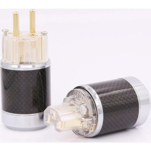 Pair Carbon Fiber Gold Plated EU Schuko AC plug connector, DIY Mains Power Cable EU Version Male Plug+ IEC Female Connector HIFI