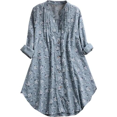 Plus Size Women Summer Shirt Long Sleeve V Neck Blouse Fashion Flower Print Pleated Loose Casual Female Tunic Shirts Tops 2021