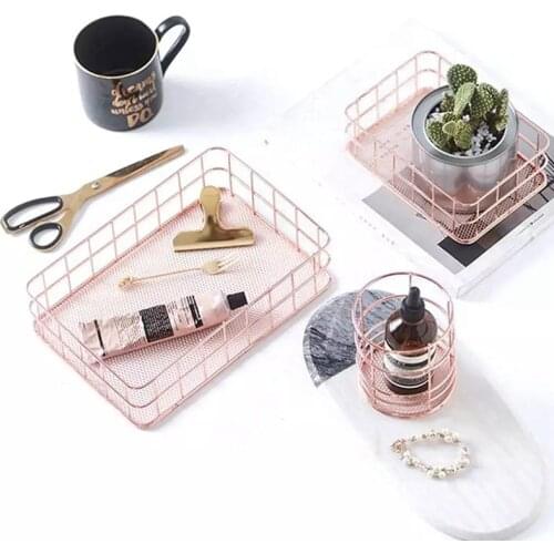 Rose Gold Storage Basket Cosmetic Organizer Makeup Brushe Holder Metal Wire Toiletry Collection Basket Bathroom Shelves