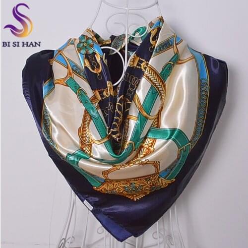 [BYSIFA] Ladies Blue White Square Scarves Wraps Printed Spring Autumn Apparel Accessories Chain Brand Female Satin Silk Scarf