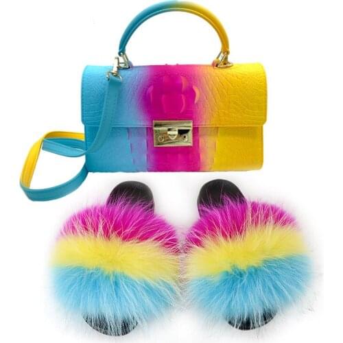 Women Real Fox Fur Slippers Girls Fluffy Party Slides Ladies Furry Sandals Luxury House Shoes Rainbow Color PVC Jelly Bags Sets