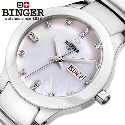 Switzerland Binger ceramic wristwatches Women fashion quartz watch rhinestone Lovers watches 100M Water Resistance B-8007