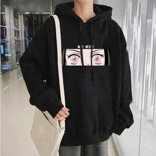 Japanese Anime Demon Slayer Kamado Nezuko Eyes Patchwork Hoodies Male Streetwear Harajuku Manga Beautiful Girl Winter Sweatshirt