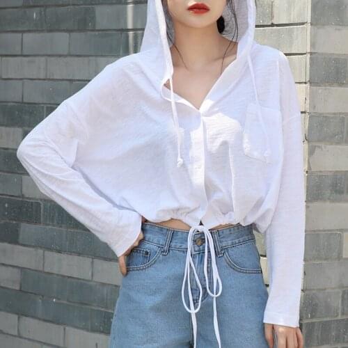Hodded Cotton 100% White Women T-Shirts Loose Drawstring Long-Sleeved Short Empired Female Outwear Coats Tops