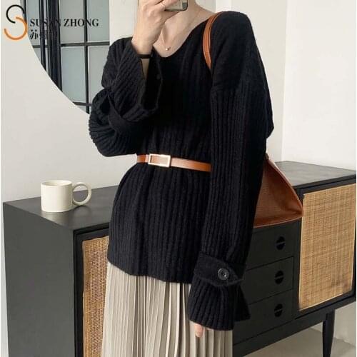 Women Pullovers Female Sweater Designed Strap Button Cuff Sexy V-Neck Batwing Flare Sleeve Elegant Casual Oversize Autumn Winter