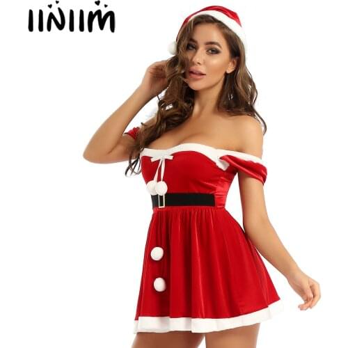 Iiniim Womens Adults Velvet Christmas Cosplay Party Dress Up Santa Costume White Flannel Trim Mini Dress with Hat
