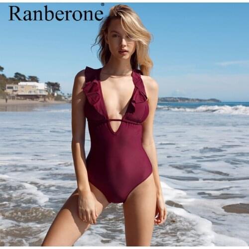 Women Bikini 2020 Sexy One Piece Suit Swimsuit Women Ruffle V-neck Monokini New Girls Solid Beach Bathing Striped Suit Swimwear