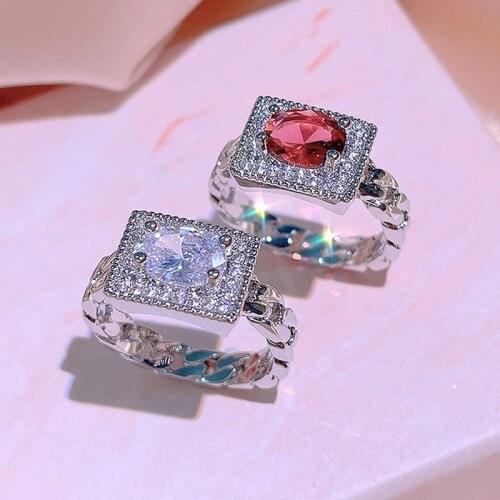 Real 925 Sterling Silver Square Cut Big Red White Zircon Wedding Chain Rings for Women Bride Engagement Eternity Fashion Jewelry