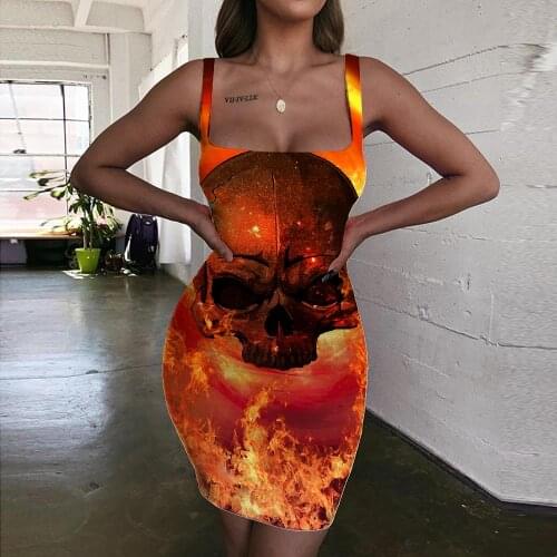 Giyu Brand Skull Dresses Women Punk Ladies Dresses Flame Bodycon Dress Red Vestido Sexy Womens Clothing Plus Size New Beach