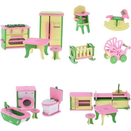 16Pcs Wooden Dollhouse Miniature Furnitures Chair Stroller Crib Refrigerator