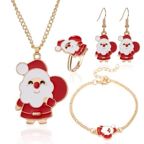 4Pcs/Set New Christmas Charms Pendants Jewelry Set Christmas Tree Deer Bells Santa Claus Earrings Necklace Bracelet Ring Gift