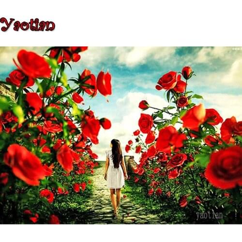 5D Diamond Embroidery Girl red rose flower garden Cross stitch Kit Diy Diamond Painting Mosaic Rhinestones Needlework Mosaic Art