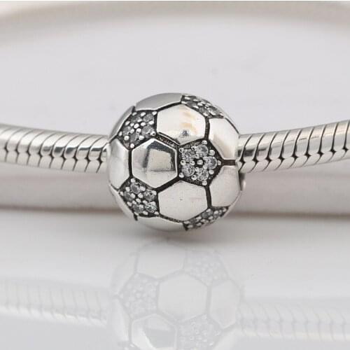 Authentic S925 Silver Bead Soccer Football Charm fit Lady Bracelet Bangle DIY Jewelry Clear CZ
